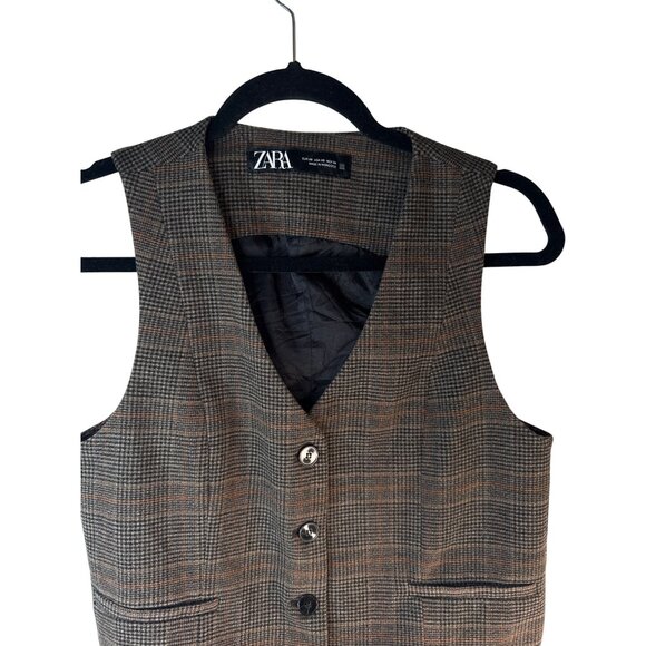 ZARA Womens XS Brown Camel Plaid Wool Blend Vest - Picture 6 of 10